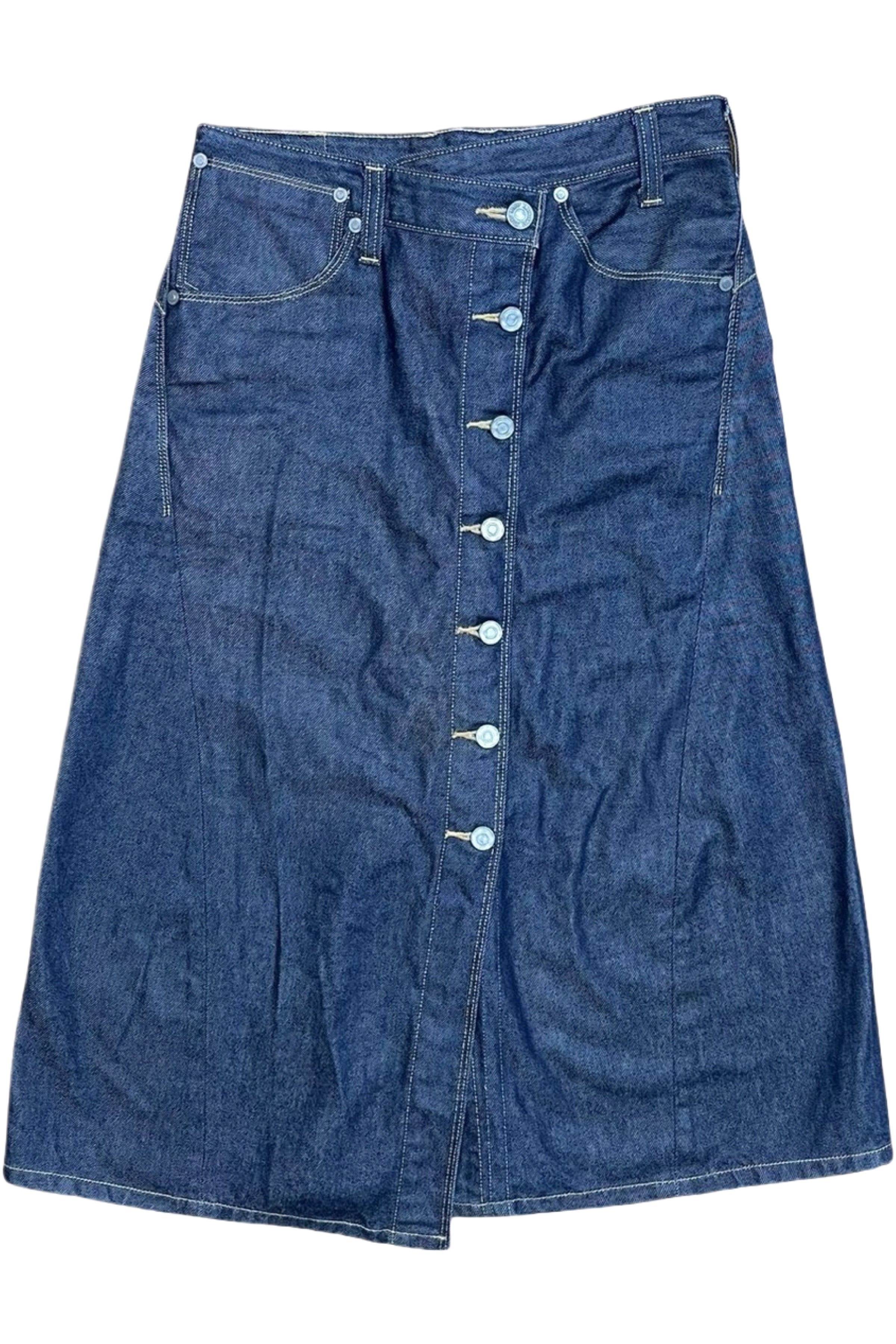 Engineered denim button through skirt