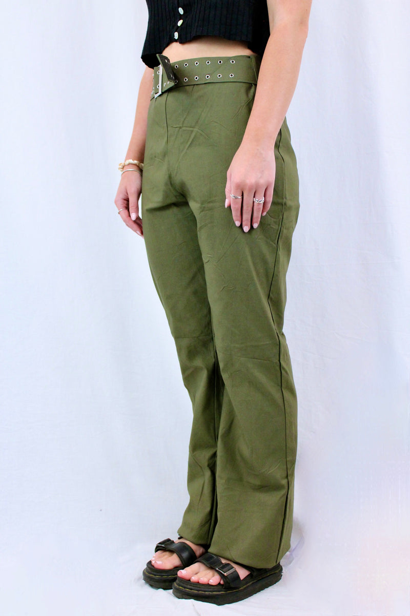 Belted Mechanical Stretch Pants