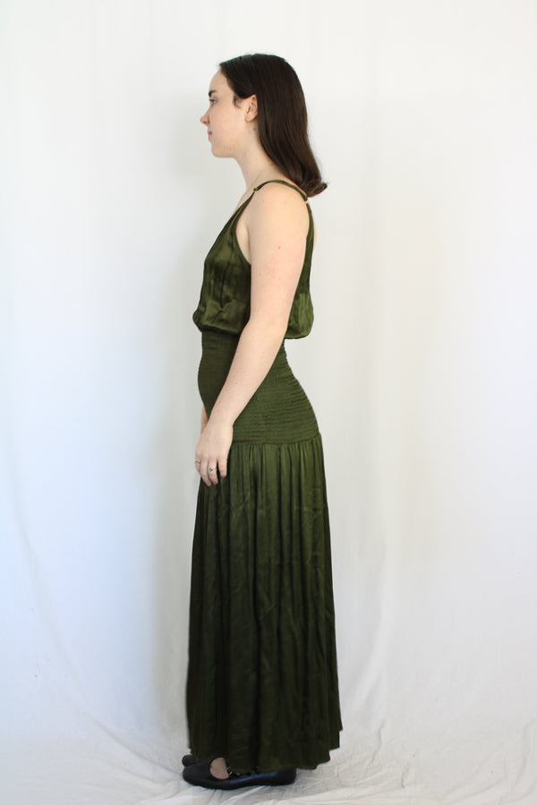 Shirred Olive Dress