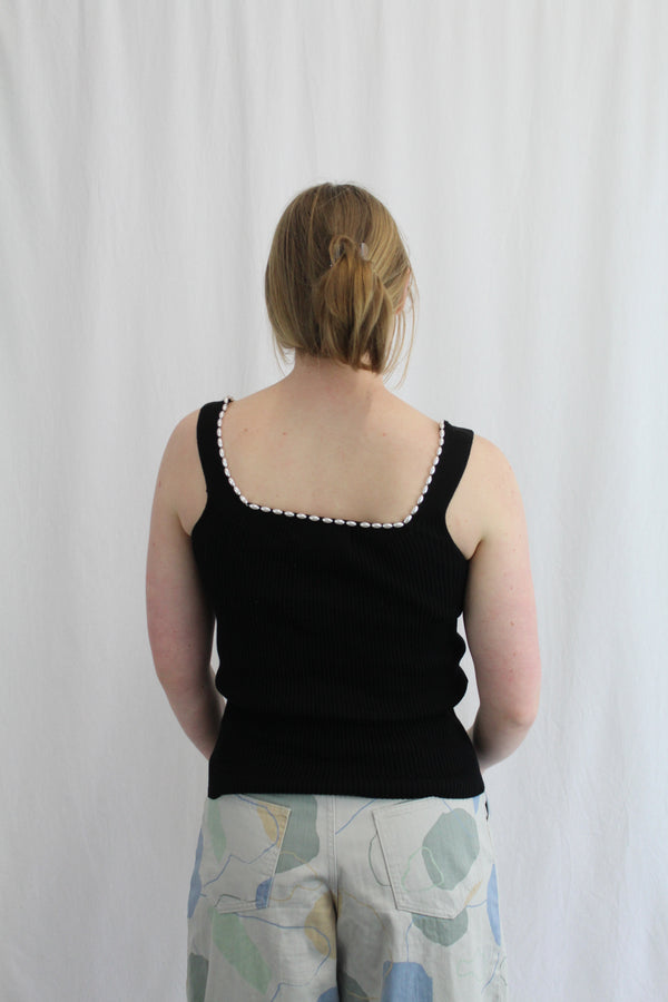 Ribbed Tank With Faux Pearl Trim