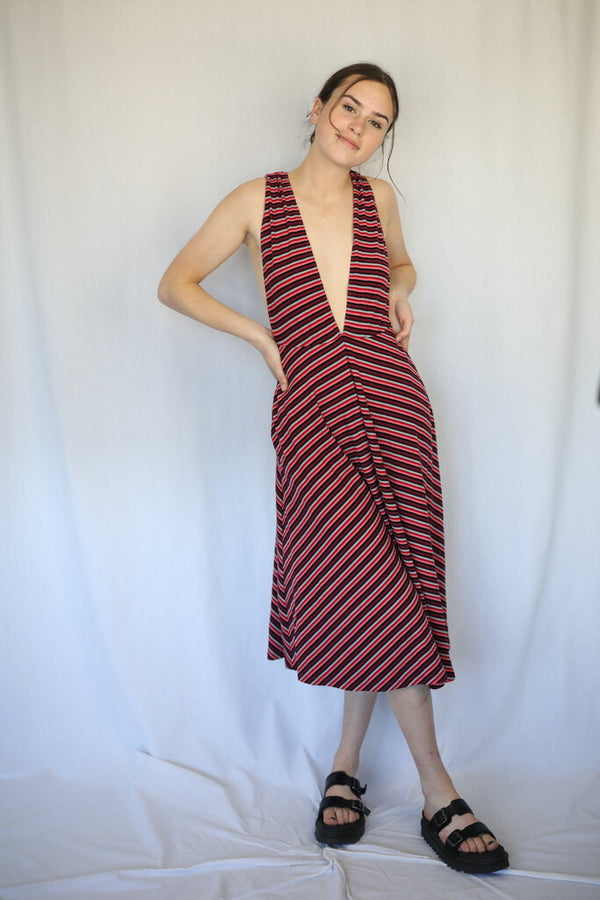 Ribbed Striped Plunge Midi Dress